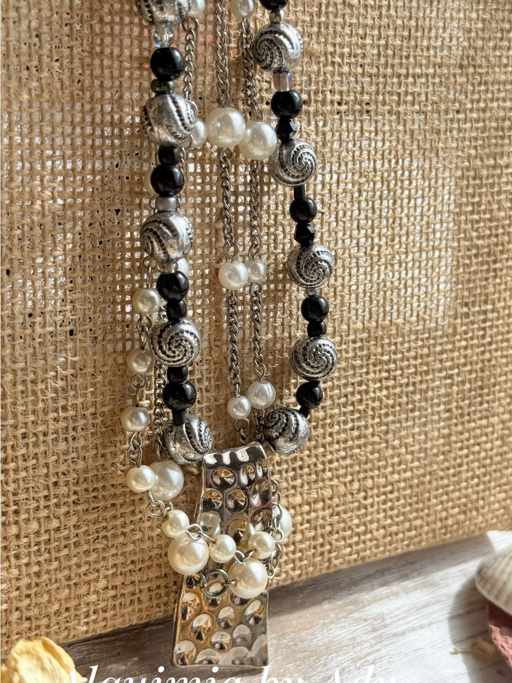 Silver, Black onyx & White Multi-Strand Necklace